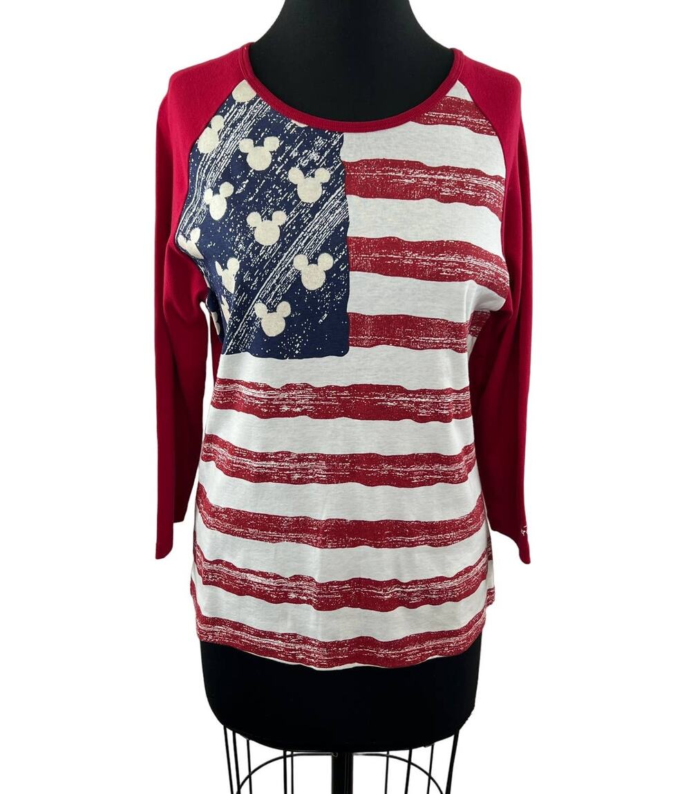 Walt Disney Red XL Top Cotton American Flag Mickey Mouse Round Neck Long Sleeve